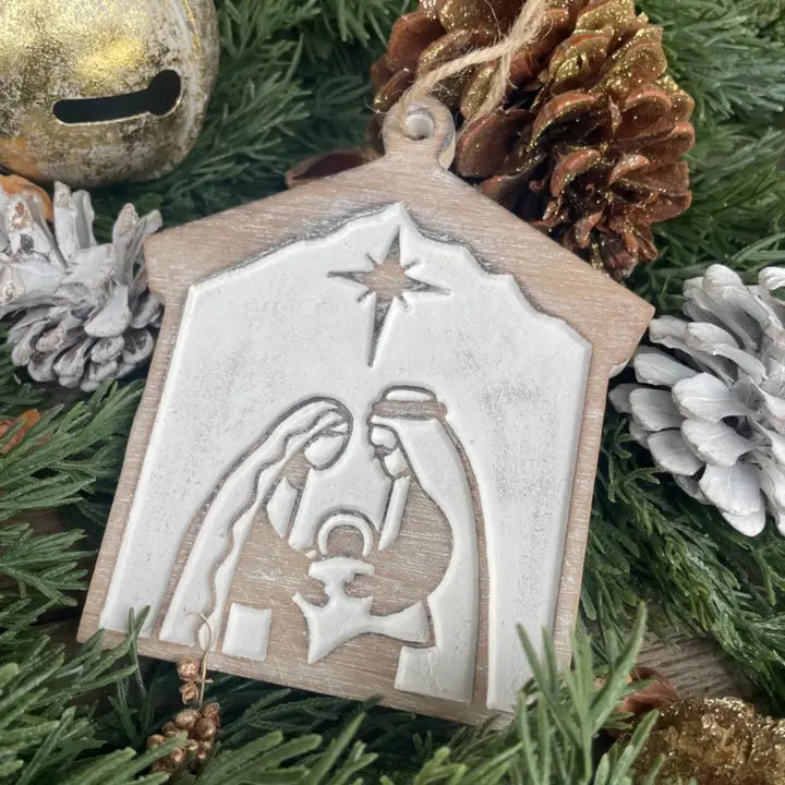 Nativity Scene Carved Christmas Ornament