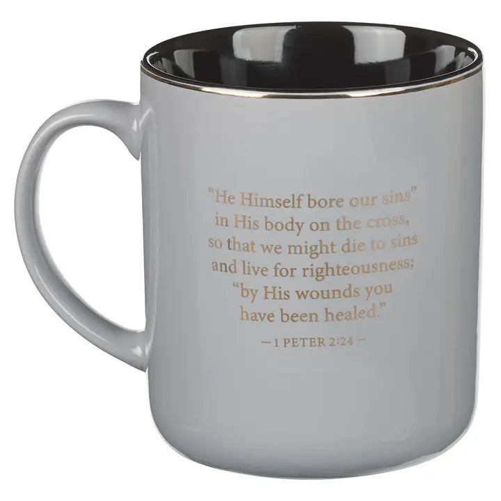 Mug Gray W/Metal Cross 1 Peter 2:24