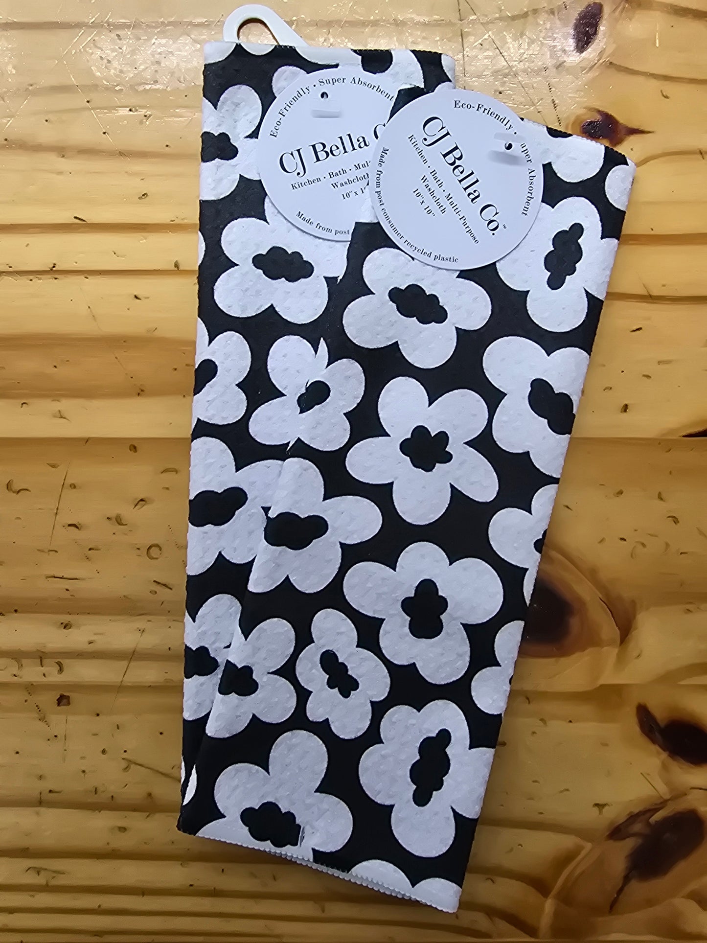 White Flowers on Black Eco-Friendly Washcloth