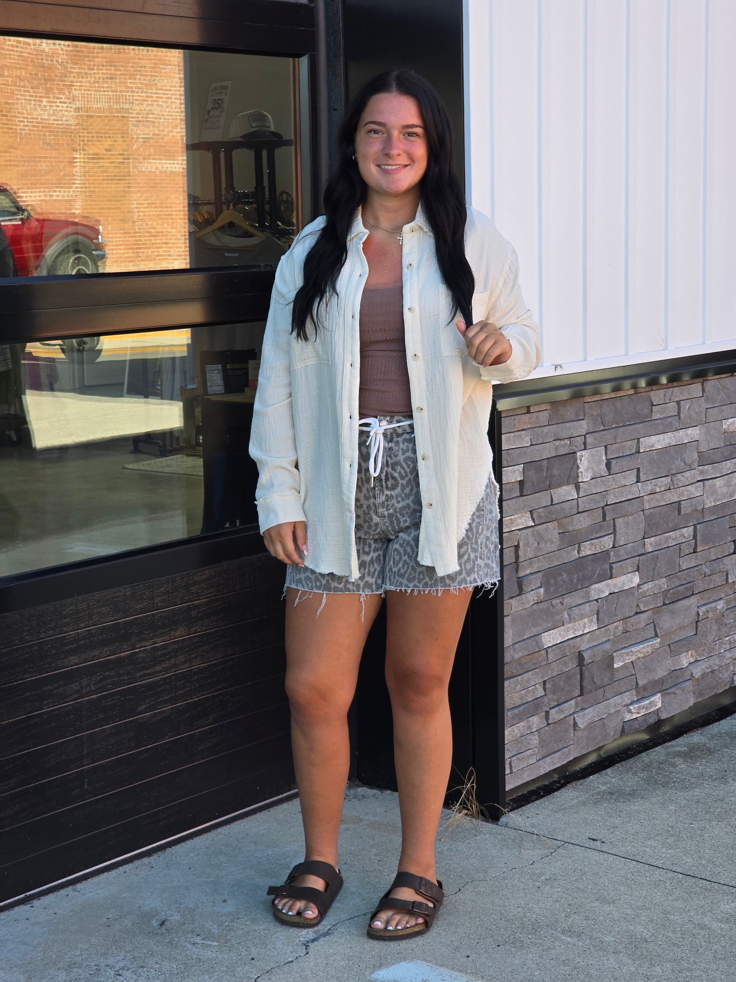 High Rise Grey Leopard Drawstring Shorts