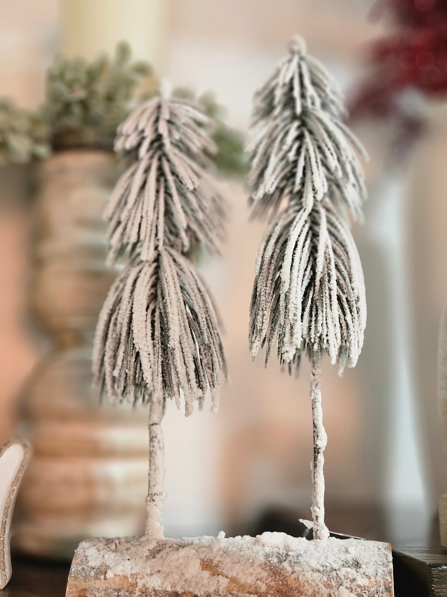 12" Snowy Pine Tree Pair On Log