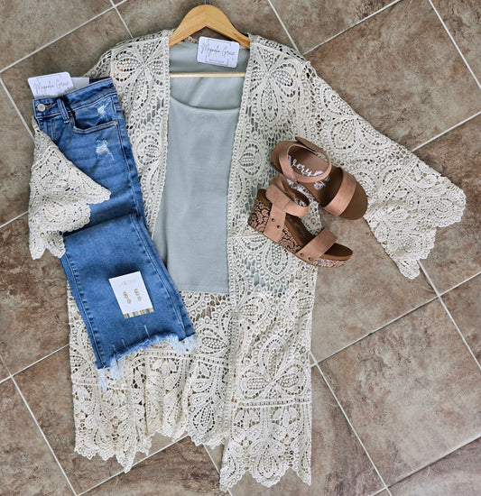 Cream Crochet Open Cardigan