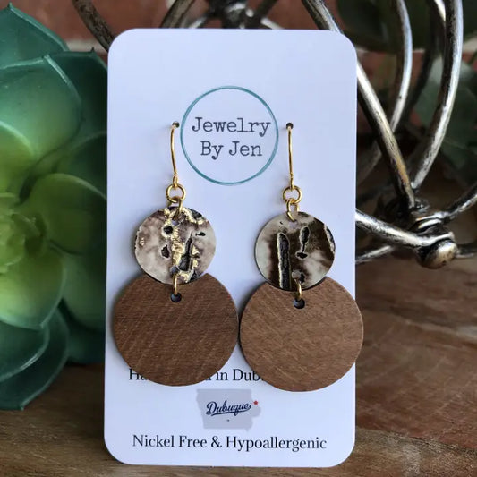 Round Wood & Cream Earring