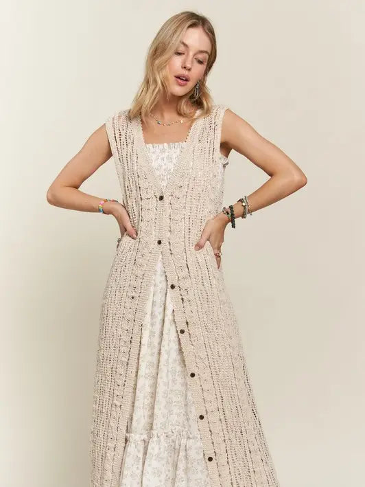Button Down Crochet Long Cardigan