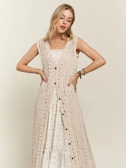 Button Down Crochet Long Cardigan