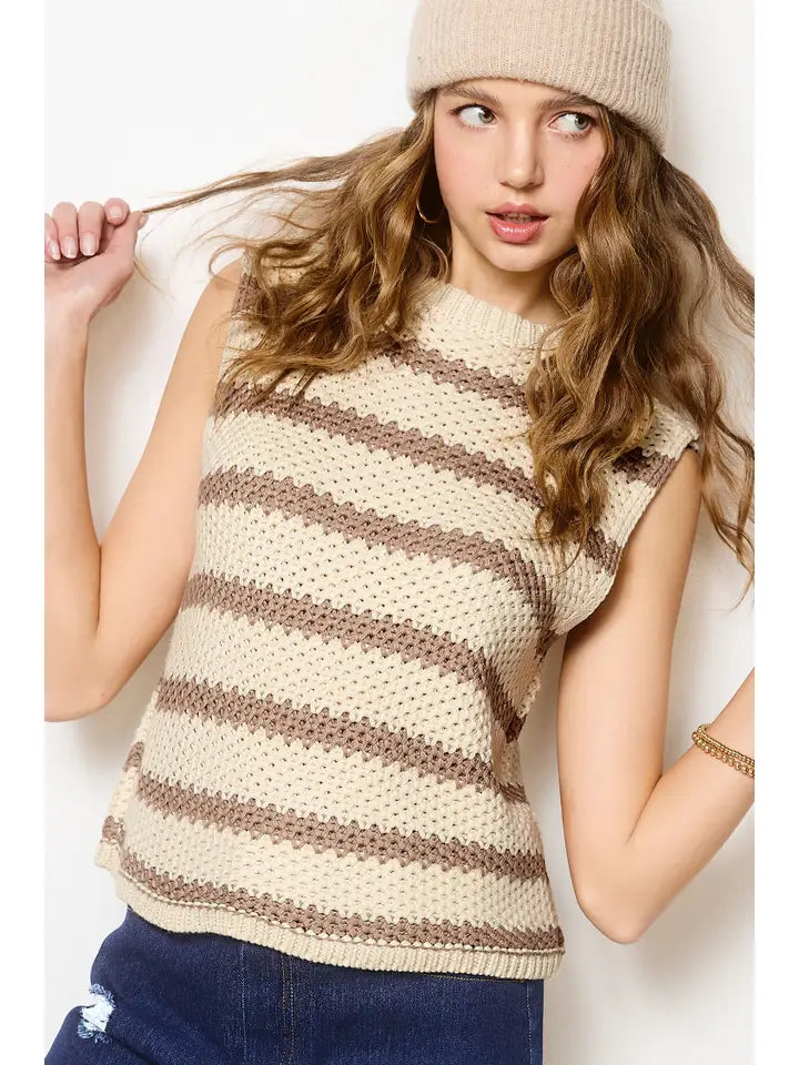 Chunky Striped Mock Crew Neck Sleeveless Sweater Top