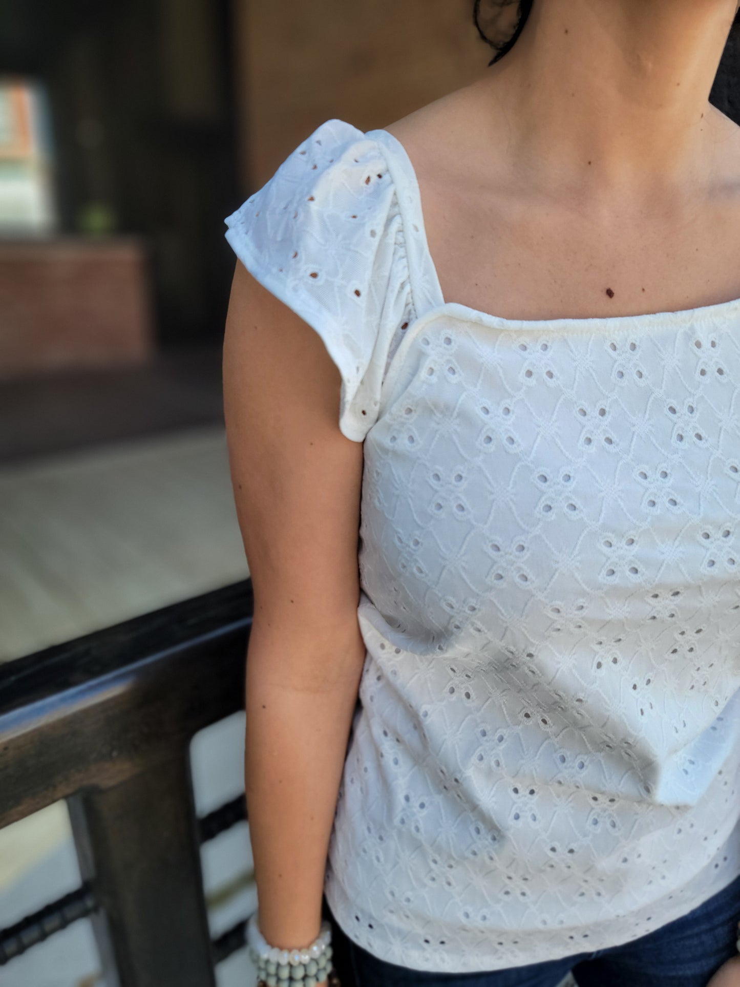 Solid Ivory Eyelet Top