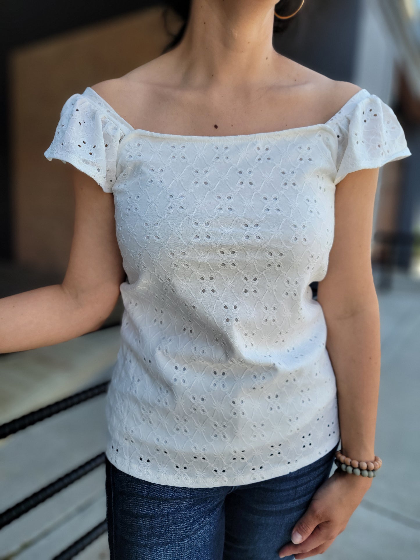 Solid Ivory Eyelet Top