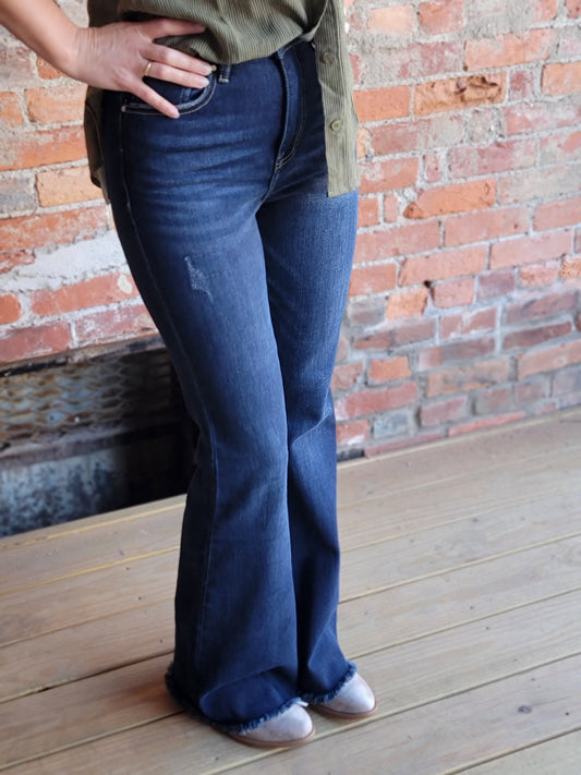 High Rise Vintage Frayed Hem Flare Jeans