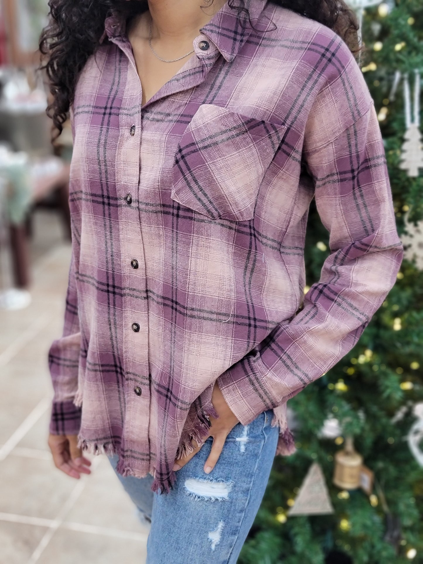 Fringe Distressed Plaid Button Up