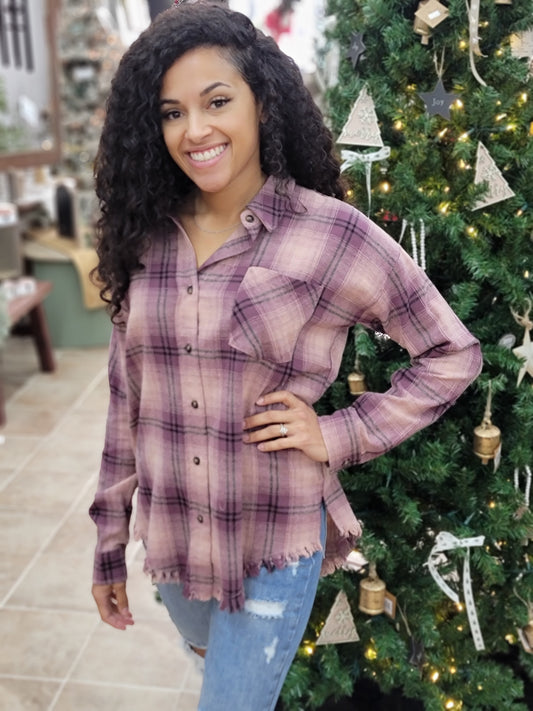 Fringe Distressed Plaid Button Up