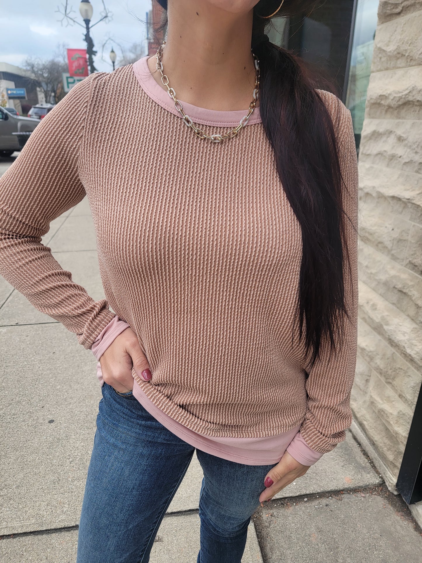 2-Toned Ribbed Long Sleeve Top