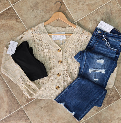 Beige Button Down Sheer Sweater