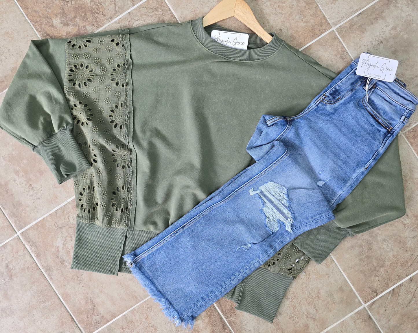 Acid Washed Green Eyelet Lace Sweatshirt