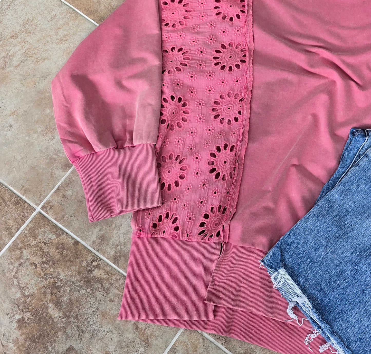 Curvy French Terry Eyelet Lace Sweater