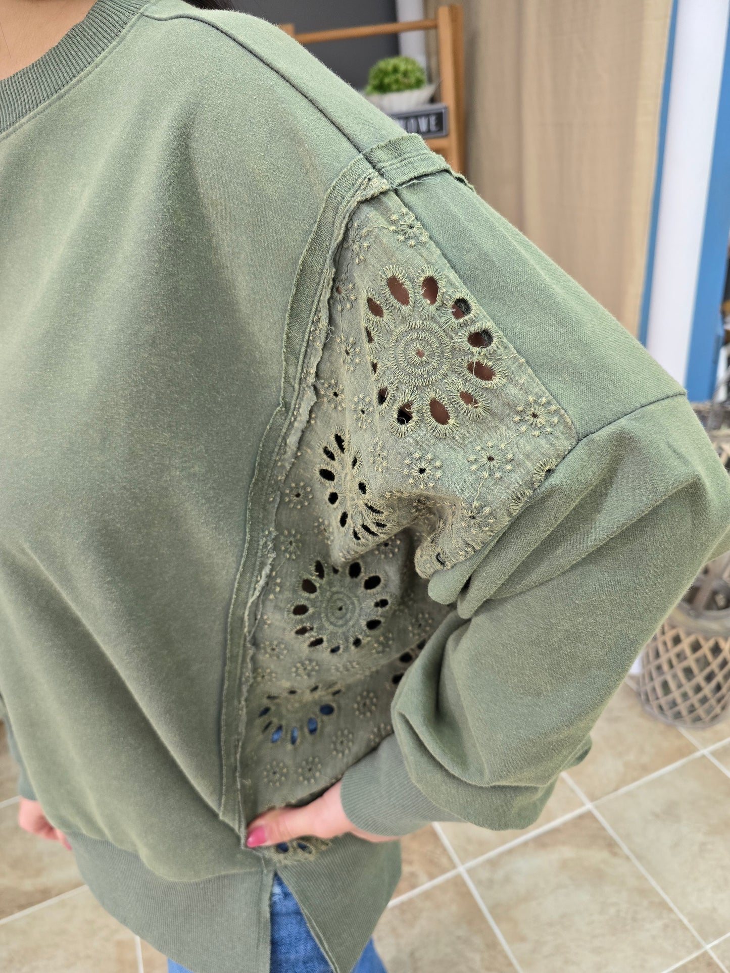 Acid Washed Green Eyelet Lace Sweatshirt