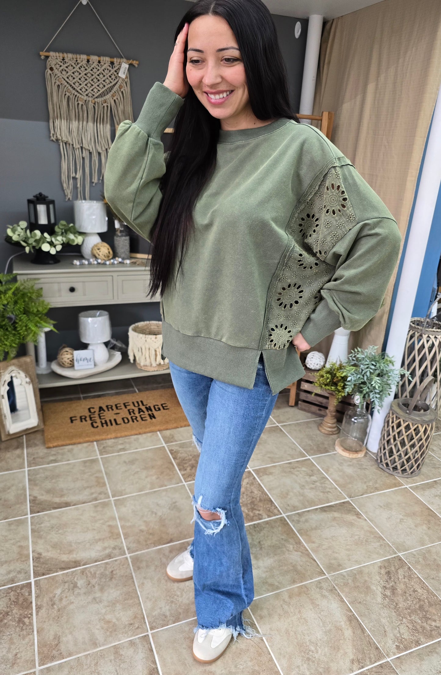 Acid Washed Green Eyelet Lace Sweatshirt