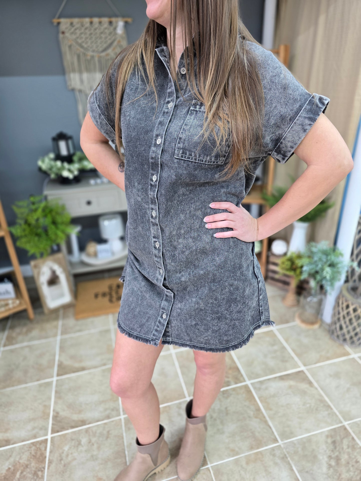 Black Denim Frayed Hem Shirt Dress