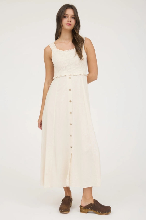 Smocked Sleeveless Button Down Midi Dress