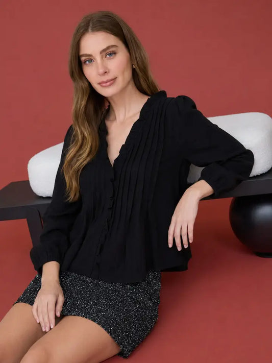 3/4 Sleeve Ruffle Trim Pintuck Detail Blouse