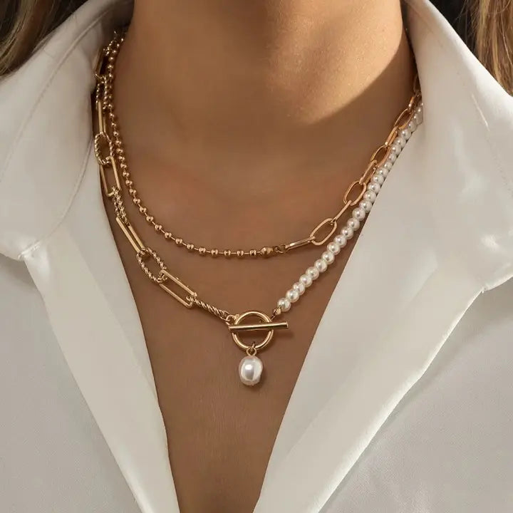 Pearl Mix Double Layer Toggle Necklace