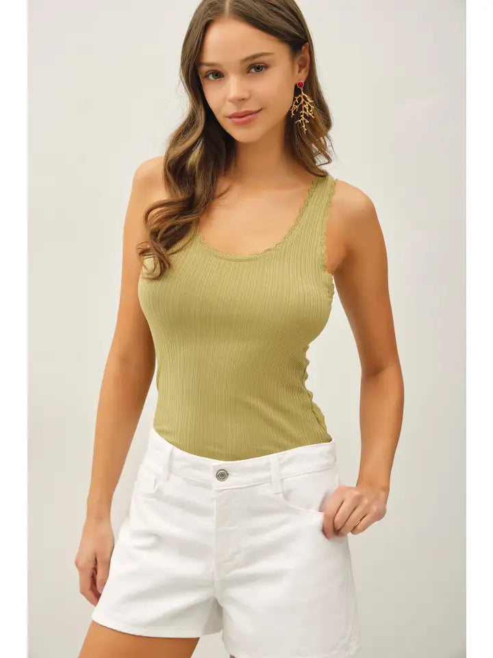 Lace Trimmed Ribbed Tank Fern
