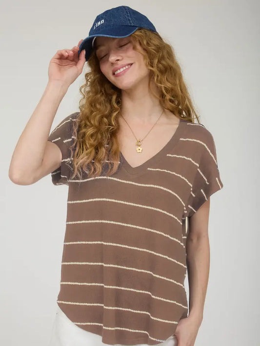 Stripe V Neck Cuffed Short Sleeve Knit Top Mocha