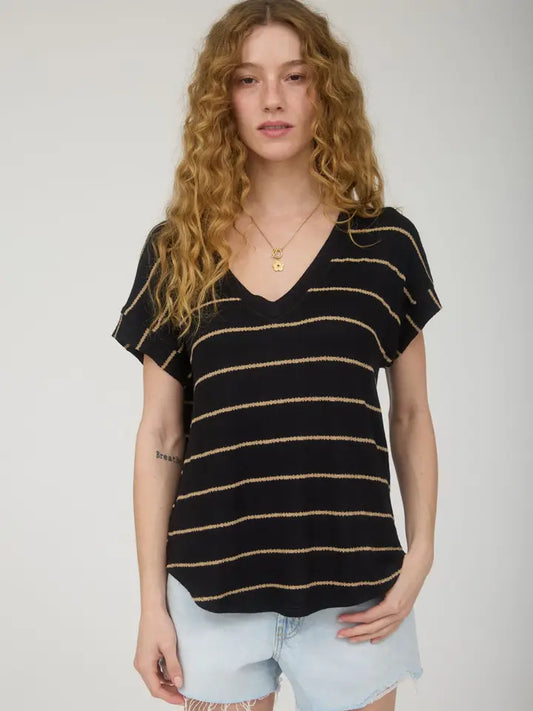 Stripe V Neck Cuffed Short Sleeve Knit Top