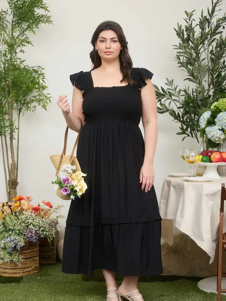 Plus Mock Button Down Smocked Ruffle Detail Midi Dress