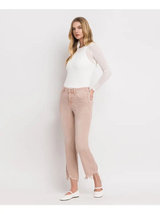 High Rise Raw Distressed Hem Crop Flare Jeans