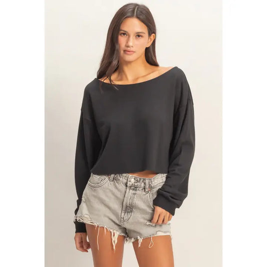 Boat Neck Long Sleeve Top (Black)