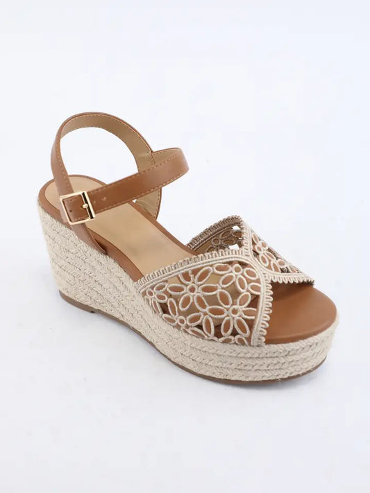 Floral Lace Ankle Strap Espadrille Wedge