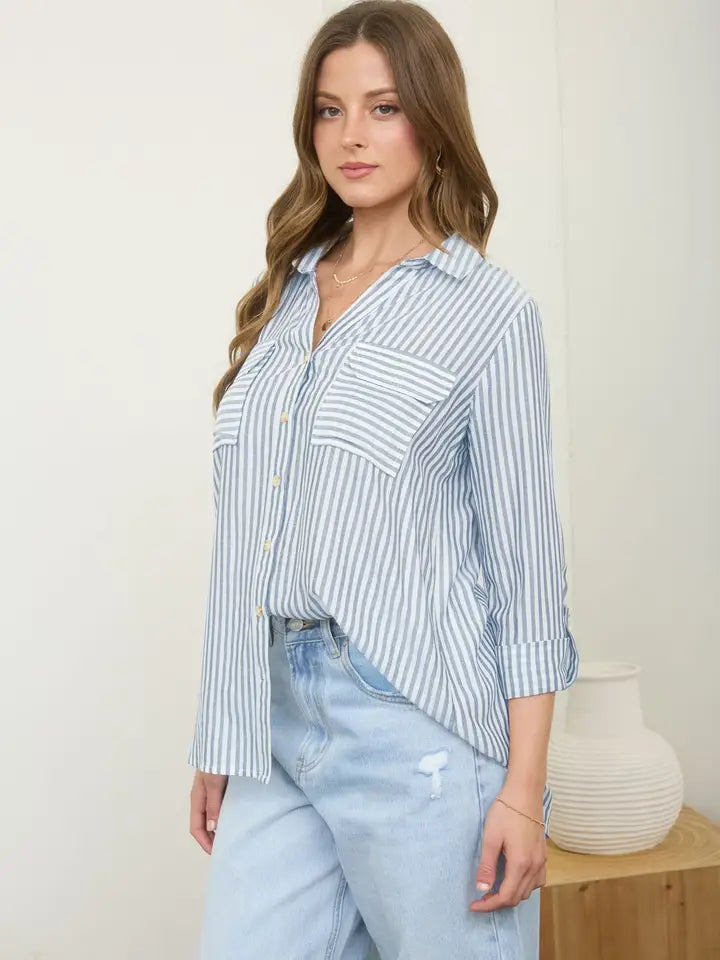 Stripe Collared Button Down Lightweight Shirt