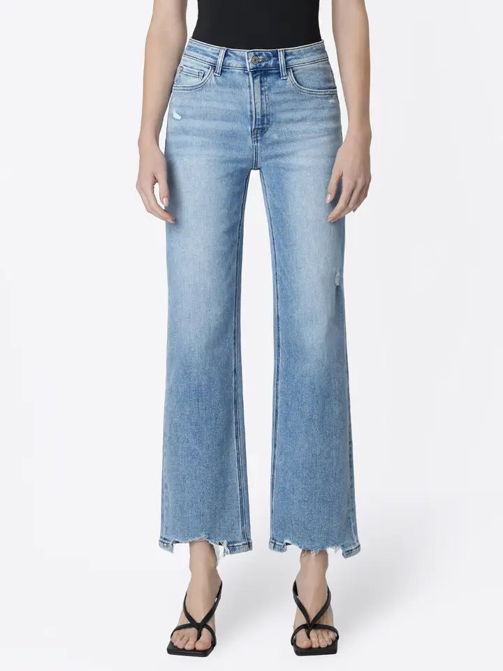 High Rise Distressed Hem Slim Wide Jeans
