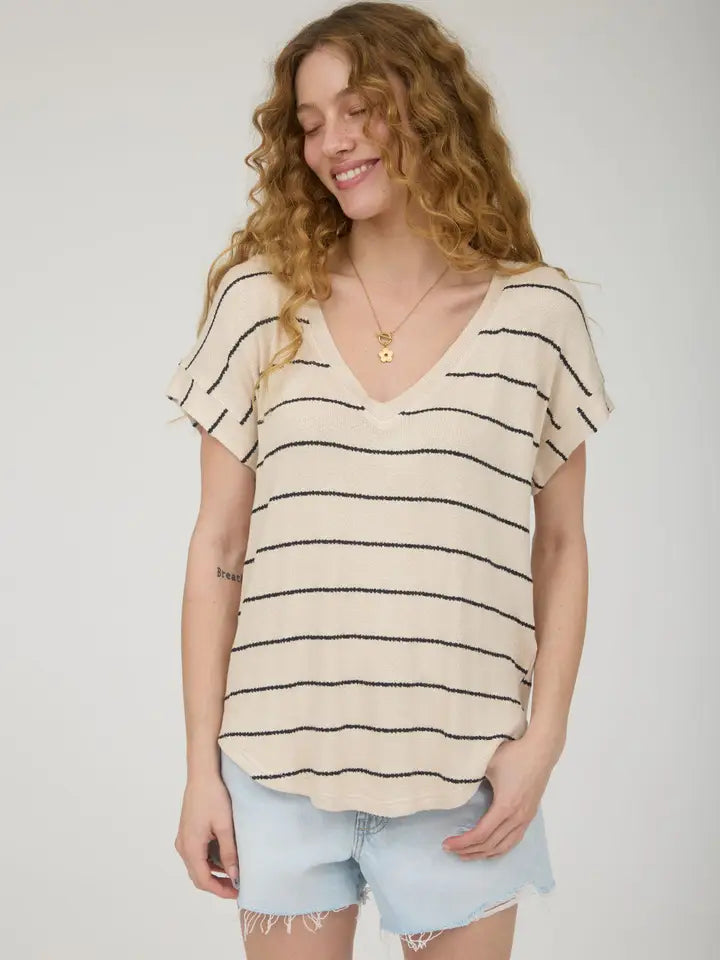 Stripe V Neck Cuffed Short Sleeve Knit Top
