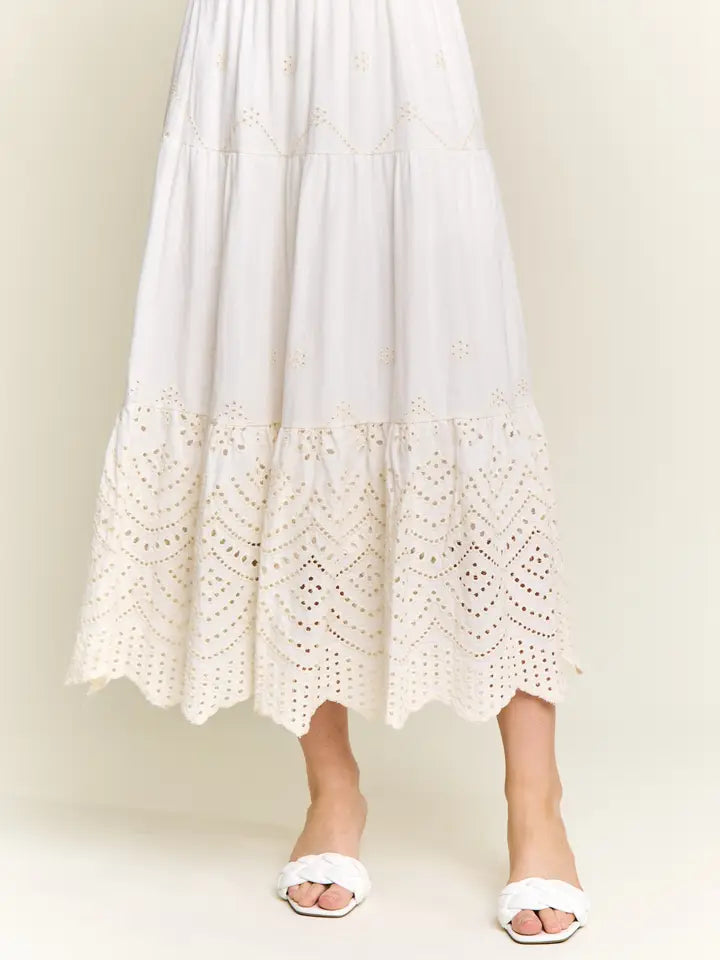 Embroidered Tiered Midi Skirt