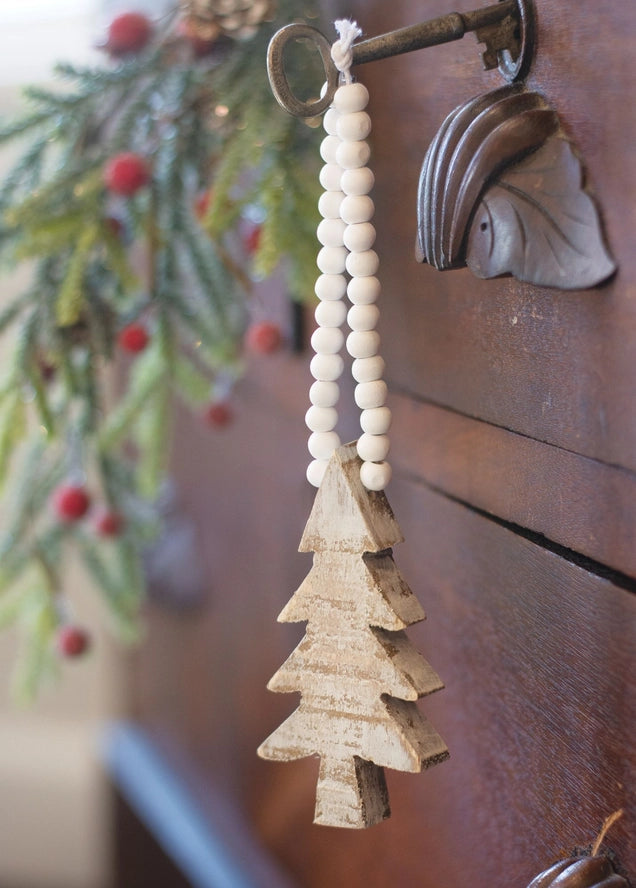 Distressed Beaded Wood Tree Ornament