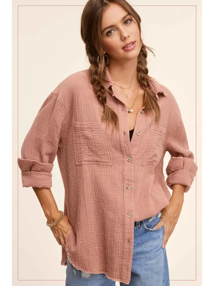 Crinkled Gauze Button Down Shirt
