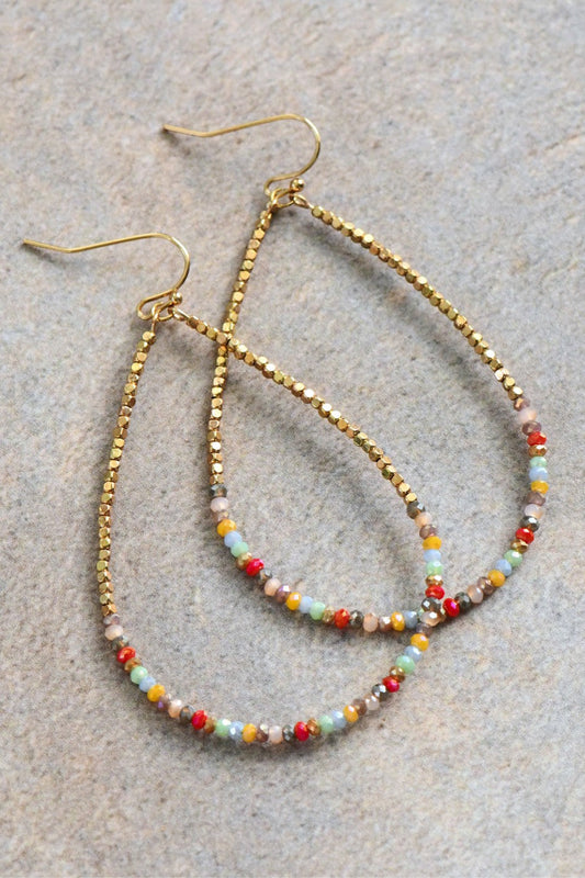 Teardrop Wire Beaded Earrings with Glass Crystals