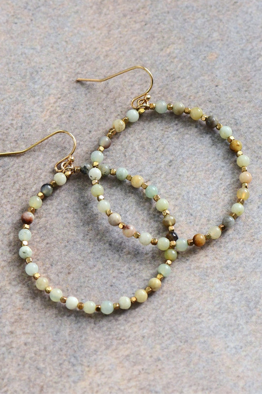 Natural Green Stone Beaded Circle Drop Earrings