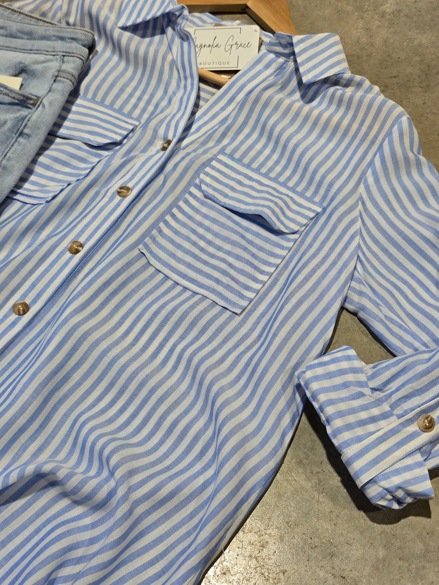 Stripe Collared Button Down Lightweight Shirt
