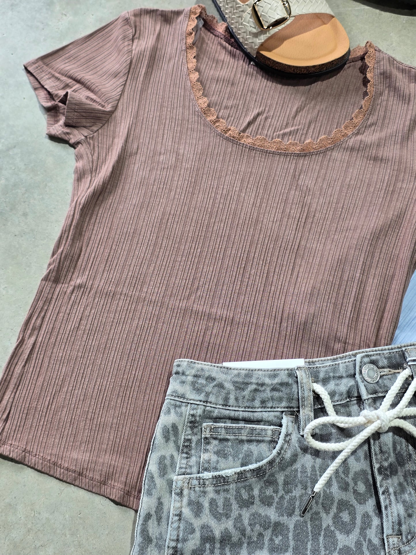 Lace Trim Ribbed Scoop Neck