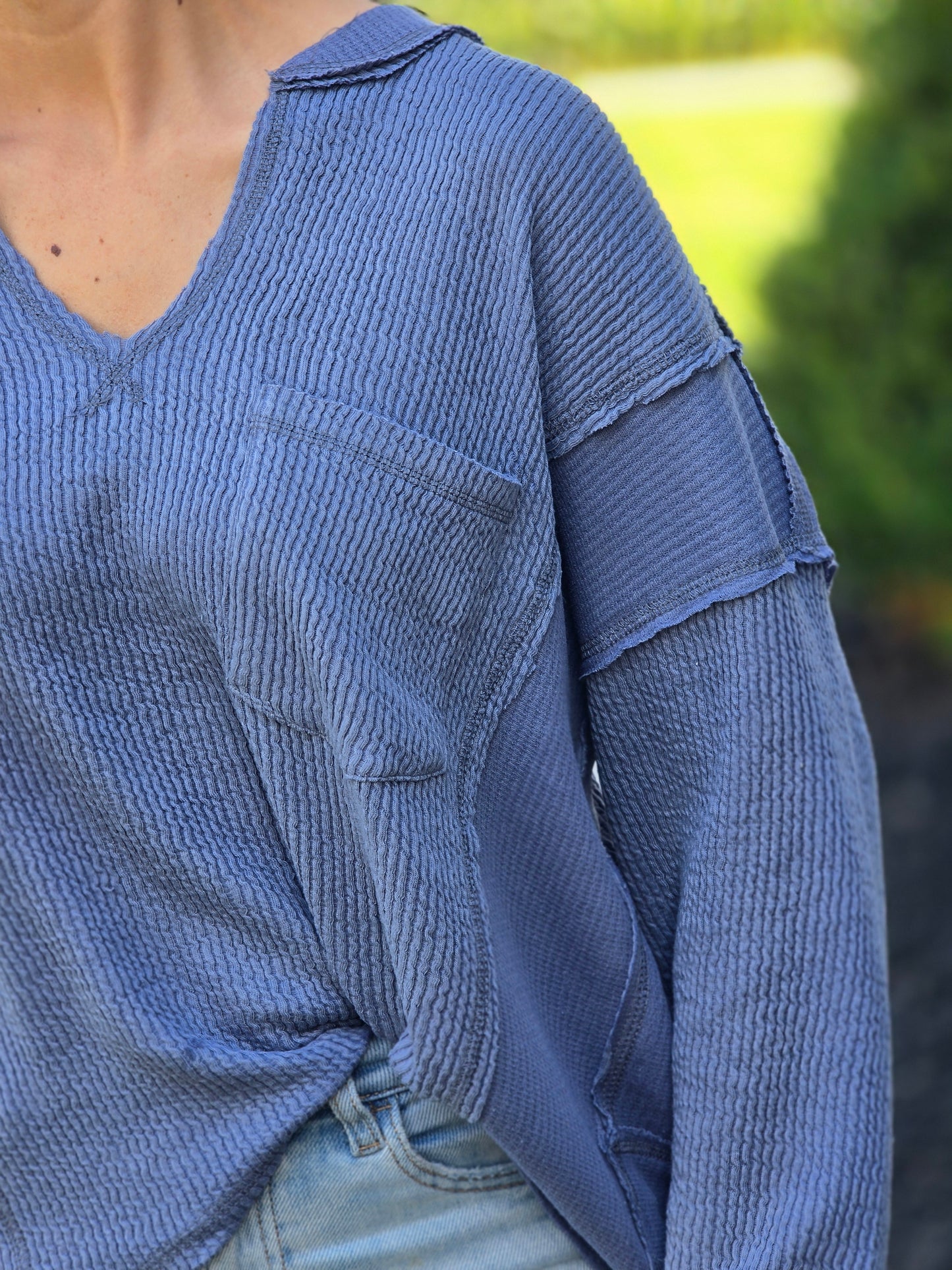 Split Neck Raw Edge Long Sleeve