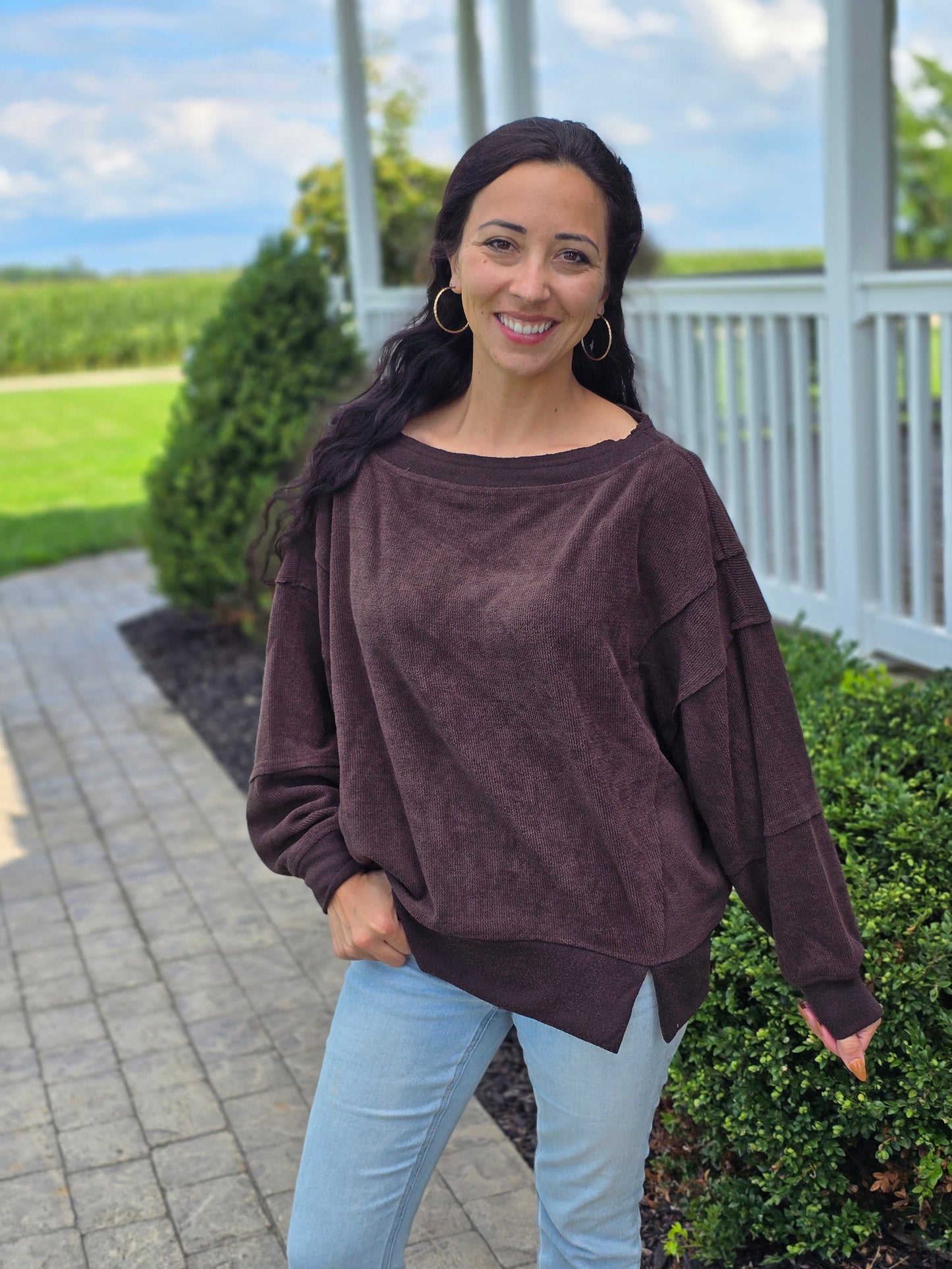 Tiered Sleeve Boat Neck Exposed Seam