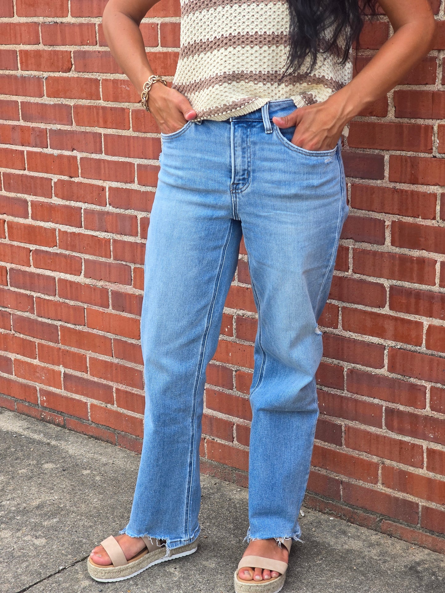 High Rise Distressed Hem Slim Wide Jeans