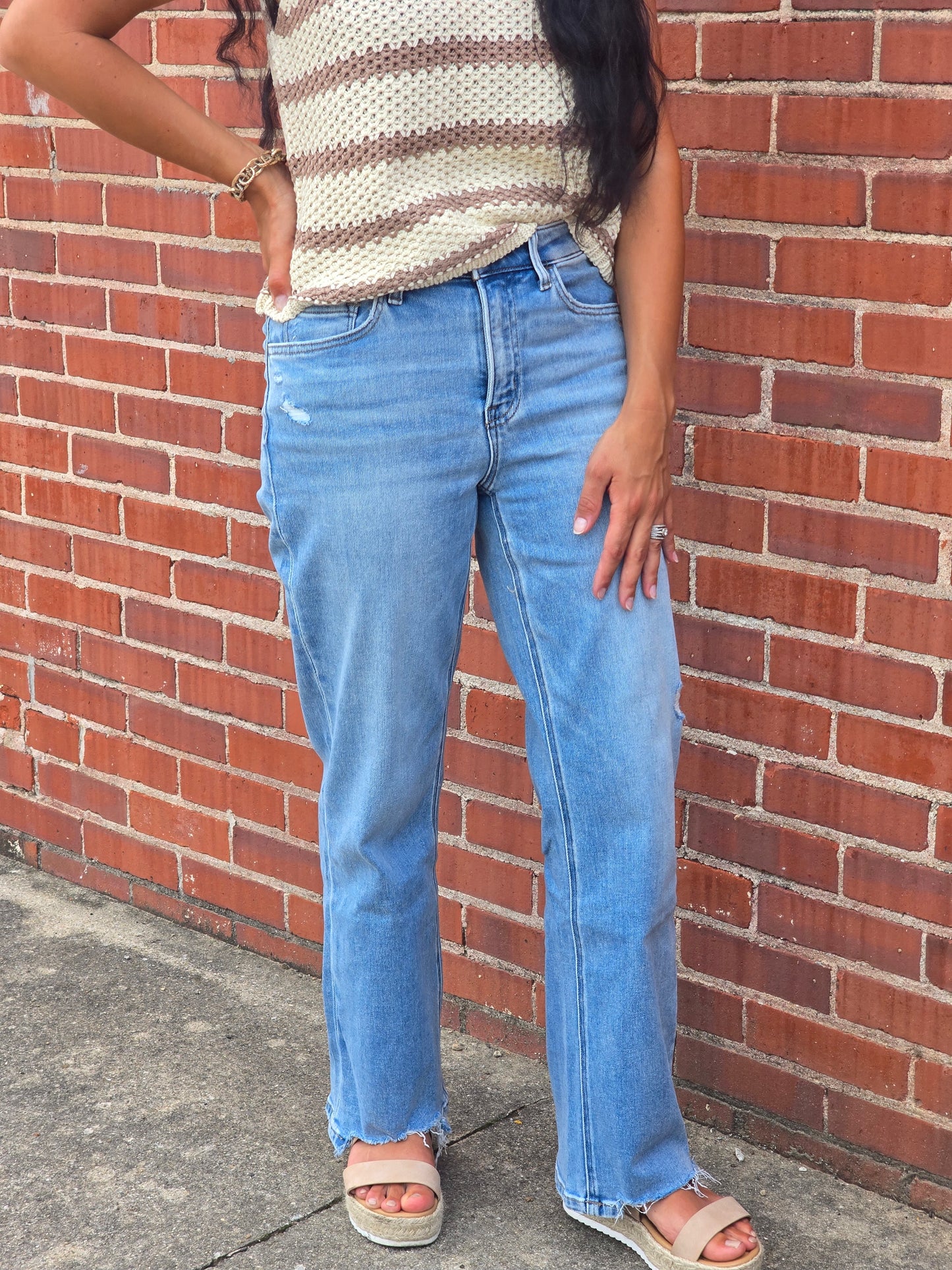High Rise Distressed Hem Slim Wide Jeans