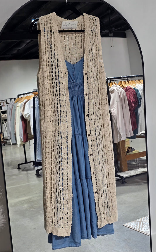Button Down Crochet Long Cardigan