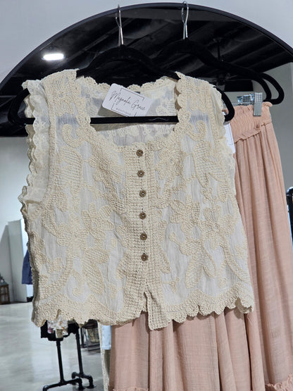 Cotton Gauze Floral Embroidery Crochet Boho Top