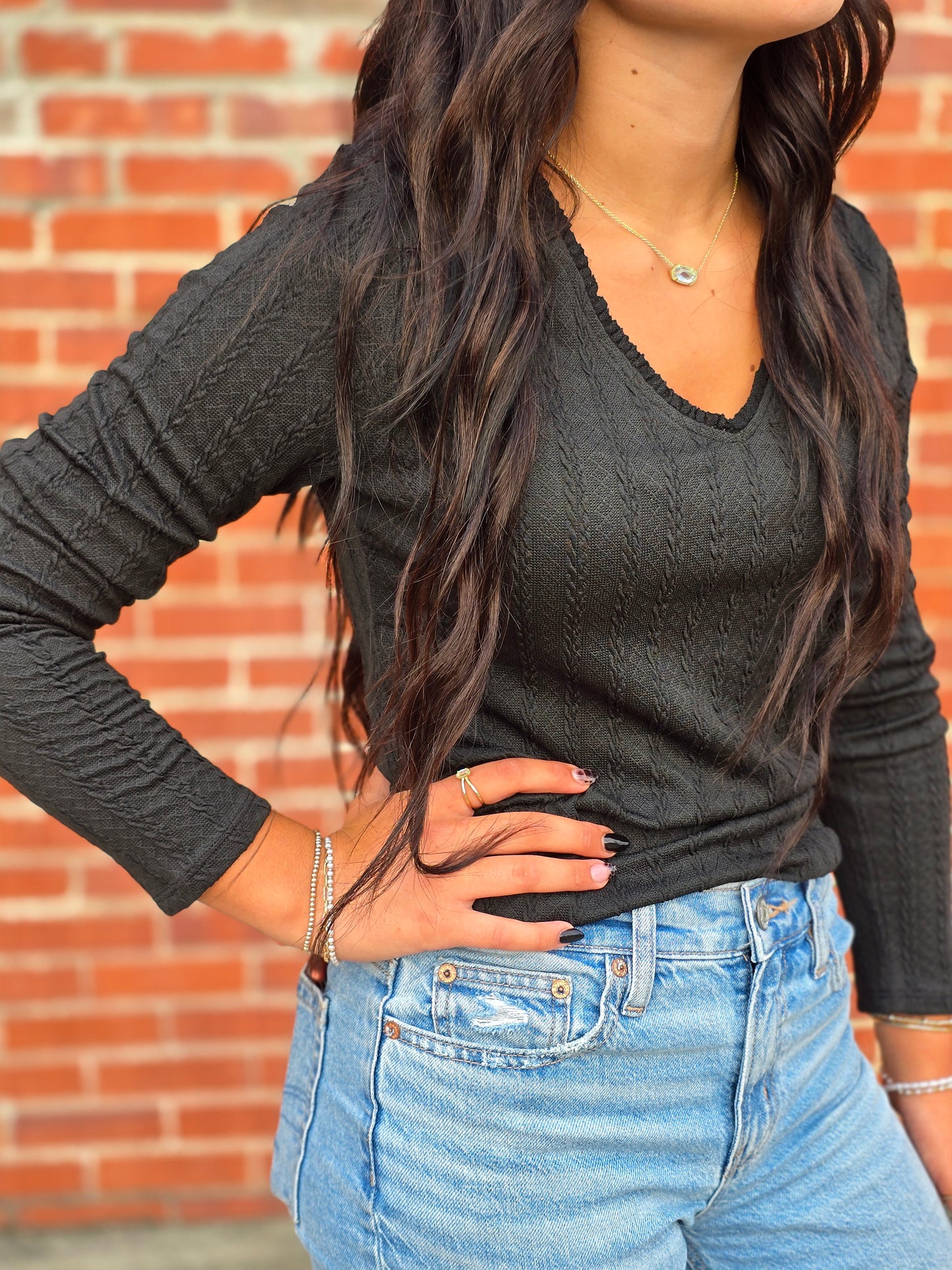 Knit Lace Trimmed V-Neck Long Sleeve