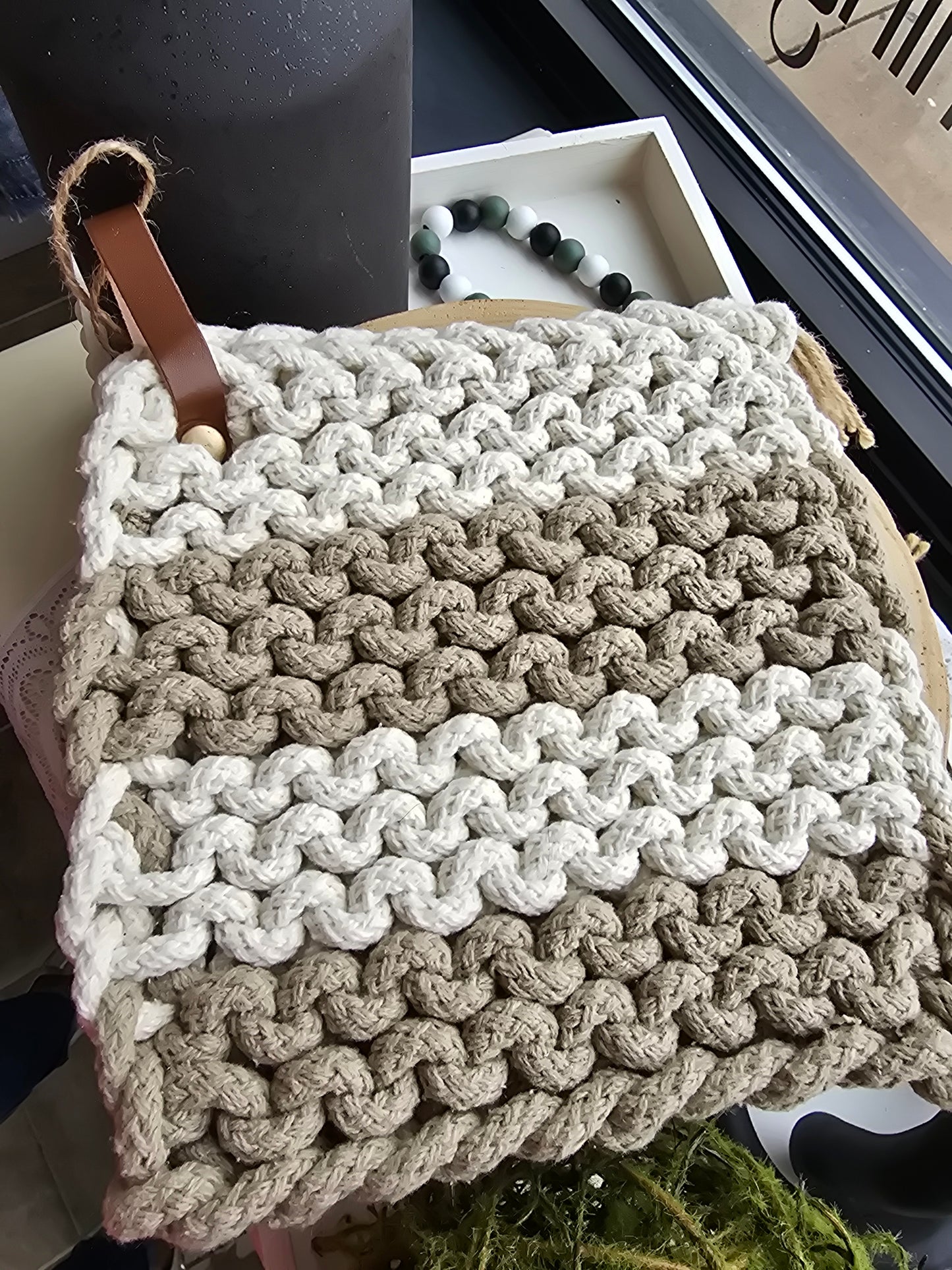 Leather Strap Knit Potholder